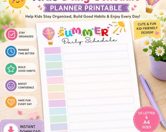 Planificador/organizador de rutinas diarias de verano para niños (imprimible, descarga digital)