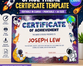 Modèle de certificat de réussite spatiale | Récompense en toile modifiable (A4 imprimable)