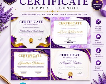Paquete de plantillas editables de certificados morados / Certificado de Logro y Reconocimiento de Canva / 4 diseños / Descarga instantánea