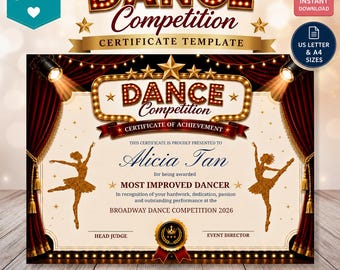 Plantilla editable para certificado de concurso de danza / Premio de Broadway (Descarga digital)