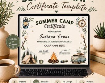 Certificado editable para campamento de verano en Canva / Plantilla de premio para campamento infantil / Imprimible y descarga instantánea