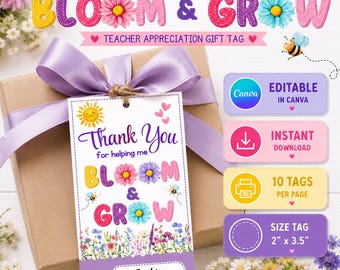 Etiqueta de regalo de agradecimiento para profesores / Tarjeta de agradecimiento editable de Bloom & Grow (Descarga digital)