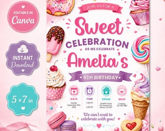 Tarjeta de invitación de cumpleaños para una dulce celebración / Invitación a una fiesta de dulces / Plantilla editable de Canva (Descarga digital)