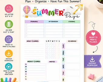 Planificador de verano para niños / Tareas diarias, horario semanal, rutina (imprimible)