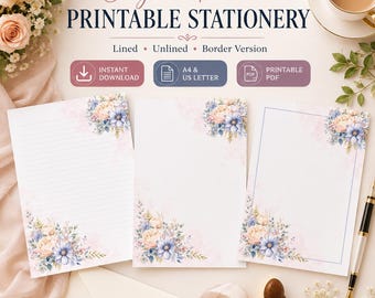 Juego de papelería imprimible con diseño de flores en acuarela, papel de carta con diseño de acuarela (descarga digital)
