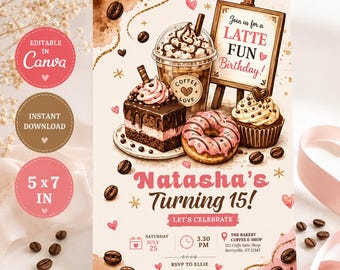 Invitación de cumpleaños con temática de café y pastel / Plantilla editable de Canva (Descarga digital)