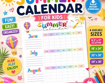 Calendario de verano para niños / Planificador de actividades de junio, julio y agosto (descarga digital)