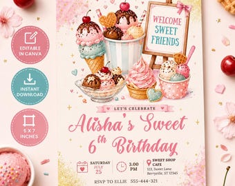 Invitación de cumpleaños con temática de helado / Plantilla editable de Canva (Descarga digital)