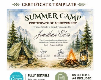 Certificado editable para campamento de verano en Canva / Plantilla de premio para campamento infantil / Imprimible y descarga instantánea