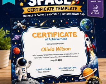 Plantilla de certificado de reconocimiento por logros espaciales / Canva Kids STEM editable (descarga digital)