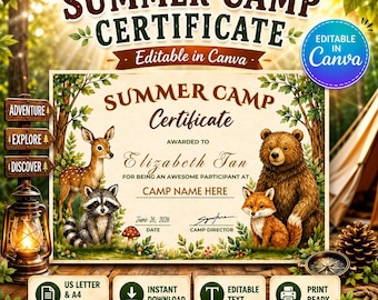 Certificado editable para campamento de verano en Canva / Plantilla de premio para campamento infantil / Imprimible y descarga instantánea