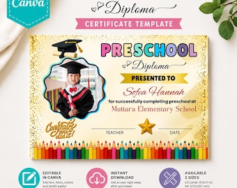 Modèle de certificat de diplôme préscolaire modifiable, récompense de fin d'études pour enfants (téléchargement instantané)