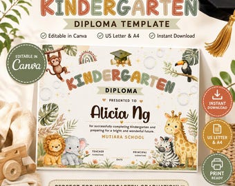 Plantilla editable para diploma de jardín de infantes, certificado de graduación Safari, premio de graduación Canva, descarga digital.