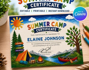 Plantilla de certificado para campamento de verano en Canva / Premio editable para niños / Descarga instantánea