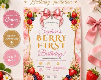 Tarjeta de invitación para el primer cumpleaños de Berry, plantilla editable de Canva, descarga instantánea.