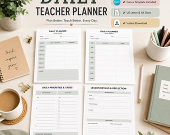 Planificador diario minimalista para profesores, horario de clases editable en Canva (PDF imprimible)
