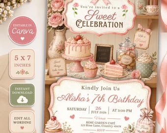 Tarjeta de invitación de cumpleaños con diseño de cafetería vintage / Plantilla editable de Canva (descarga digital)
