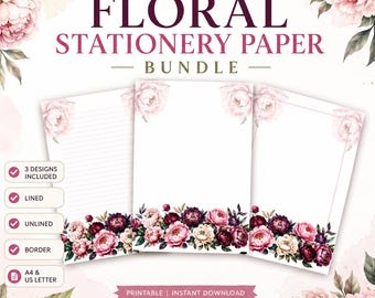 Juego de papelería imprimible con diseño floral de peonías, papel de carta con acuarela (descarga digital)