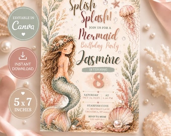 Invitación de cumpleaños de sirena, invitación editable de cumpleaños bajo el mar, descarga digital