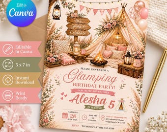 Tarjeta de invitación de cumpleaños con temática de glamping / Invitación rosa palo / Plantilla editable de Canva (Descarga digital)