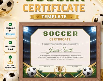Certificado de fútbol editable en Canva / Plantilla de premio infantil / Imprimible y descarga instantánea