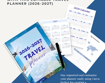 Planificador de viajes editable 2026-2027 / PDF de vacaciones de Canva (tamaño A4 Carta estadounidense)