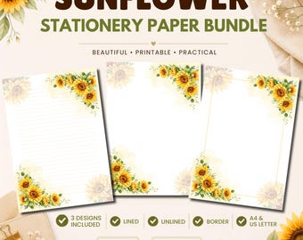 Juego de papelería imprimible con diseño de girasoles, papel de carta con acuarelas (descarga digital)