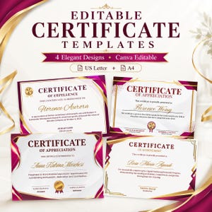 Pode incluir: Quatro modelos de certificados editáveis com detalhes em bordô e dourado. O texto diz "EDITABLE CERTIFICATE TEMPLATES", "4 Elegant Designs", "Canva Editable", "US Letter" e "A4". Cada certificado inclui espaços para nomes.