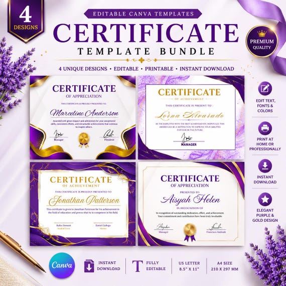 Editable Purple Certificate Template Bundle | Canva Certificate of Achievement & Appreciation | 4 Designs | Instant Download