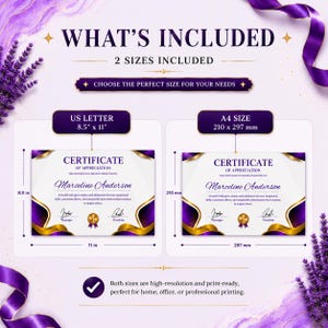 Peut inclure: Un mod&egrave;le de certificat d'appr&eacute;ciation num&eacute;rique avec des accents ondul&eacute;s violets et dor&eacute;s. L'image pr&eacute;sente deux options de taille : format US Letter de 8,5 pouces sur 11 pouces et format A4 de 210 mm sur 297 mm, avec des champs pour les noms.