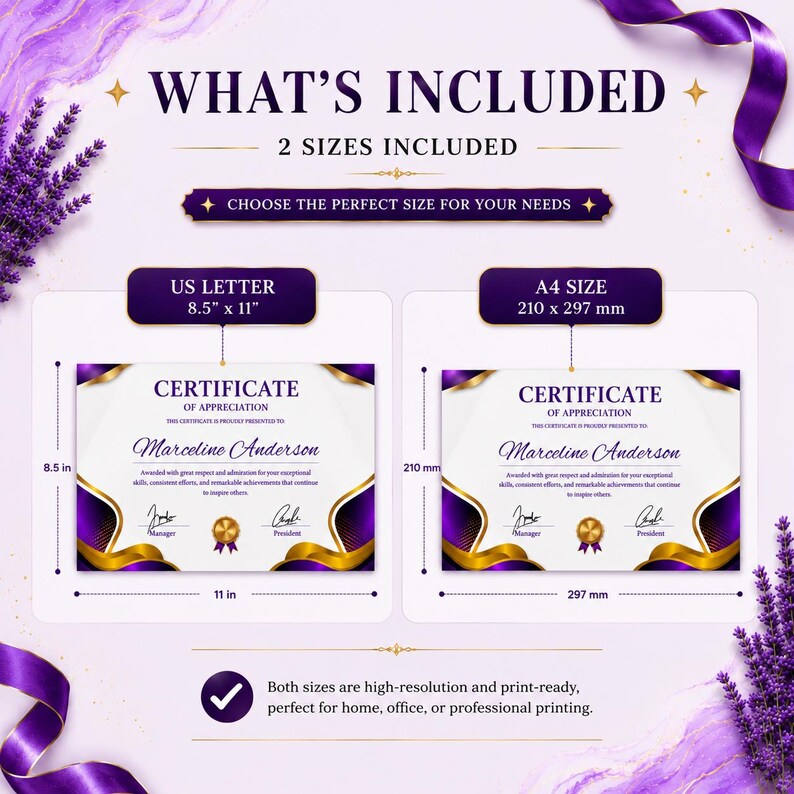 Peut inclure: Un mod&egrave;le de certificat d'appr&eacute;ciation num&eacute;rique avec des accents ondul&eacute;s violets et dor&eacute;s. L'image pr&eacute;sente deux options de taille : format US Letter de 8,5 pouces sur 11 pouces et format A4 de 210 mm sur 297 mm, avec des champs pour les noms.