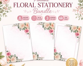 Watercolor Roses Printable Stationery Set, Watercolor Letter Writing Paper (Digital Download)
