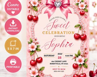 Plantilla de invitación de cumpleaños Cherry Sweet / Invitación editable en Canva / Descarga digital