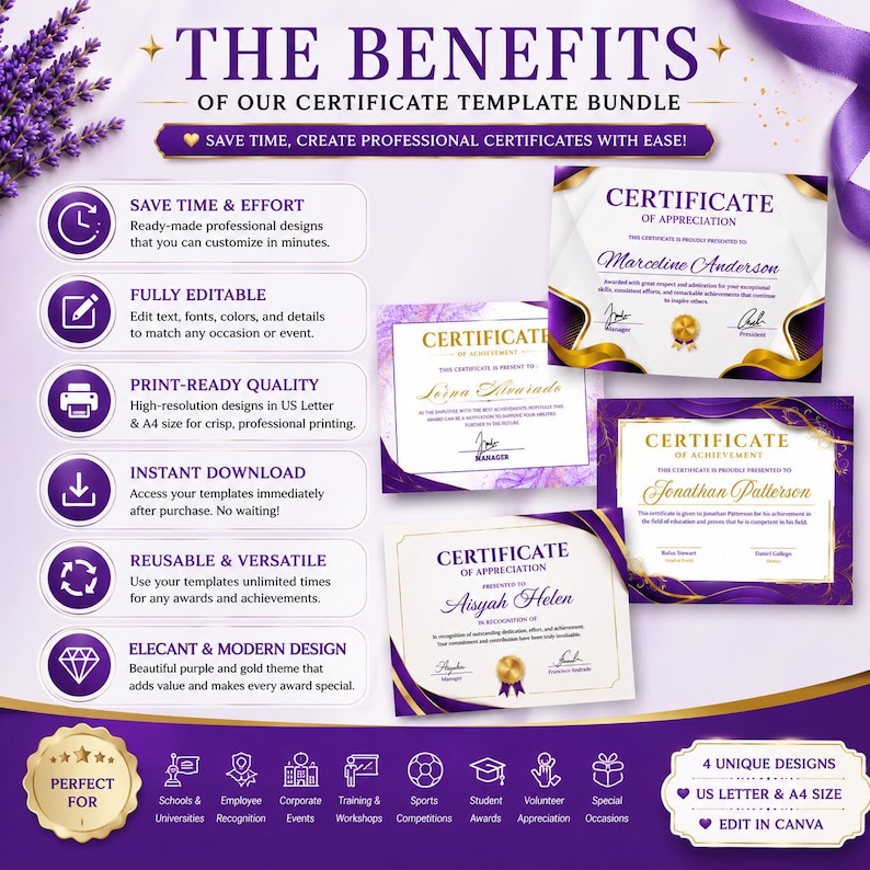 Peut inclure: Un ensemble de mod&egrave;les de certificats num&eacute;riques comprenant quatre designs uniques en violet et or. La mise en page inclut des listes d'avantages, des ic&ocirc;nes et des exemples de certificats avec des noms comme Marceline Anderson. Formats US Letter et A4.