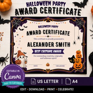 May include: A Halloween party award certificate template featuring a cream-coloured background with a black and purple ornate border. It includes illustrations of a ghost, a stack of jack-o'-lanterns, bats, and spiders, with text reading HALLOWEEN PARTY AWARD CERTIFICATE, ALEXANDER SMITH, and BEST COSTUME AWARD.