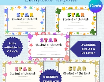 Modèle de certificat STAR de l'étudiant de la semaine, récompense canva modifiable (téléchargement numérique)