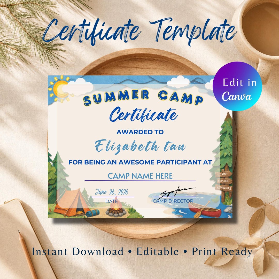 Summer Camp Certificate Template Canva | Editable Award for Kids ...
