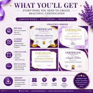 Peut inclure: Un ensemble de mod&egrave;les de certificats num&eacute;riques comprenant quatre designs distincts en violet et or. Inclut des instructions PDF, des formats A4 210 x 297 mm et US Letter 8,5 x 11 pouces, ainsi qu'un acc&egrave;s Canva pour modifier texte et couleurs.