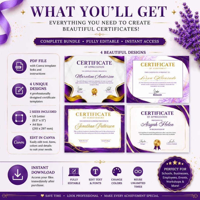 Peut inclure: Un ensemble de mod&egrave;les de certificats num&eacute;riques comprenant quatre designs distincts en violet et or. Inclut des instructions PDF, des formats A4 210 x 297 mm et US Letter 8,5 x 11 pouces, ainsi qu'un acc&egrave;s Canva pour modifier texte et couleurs.