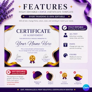 Peut inclure: Un mod&egrave;le de certificat de r&eacute;ussite num&eacute;rique avec un centre blanc et des bordures ondul&eacute;es violettes et dor&eacute;es. Le texte indique Certificate of Achievement, Your Name Here, et inclut des emplacements pour signatures et un sceau dor&eacute;.