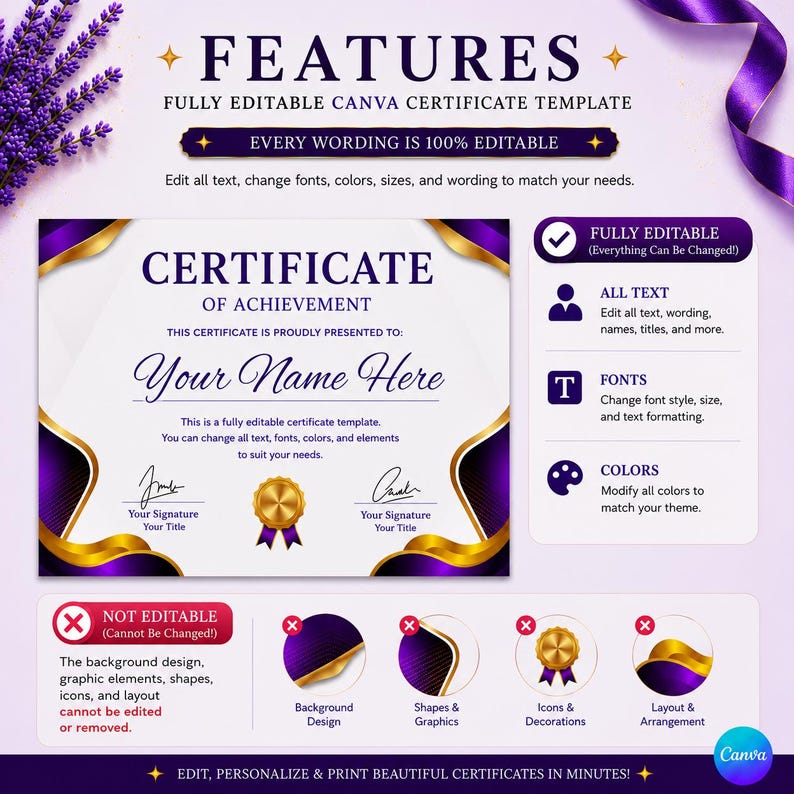 Peut inclure: Un mod&egrave;le de certificat de r&eacute;ussite num&eacute;rique avec un centre blanc et des bordures ondul&eacute;es violettes et dor&eacute;es. Le texte indique Certificate of Achievement, Your Name Here, et inclut des emplacements pour signatures et un sceau dor&eacute;.