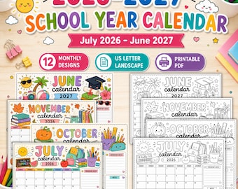 Pode incluir: Um conjunto de calendário escolar 2026-2027 com 12 designs mensais em formato paisagem US letter como PDF imprimível. As páginas incluem versões coloridas e a preto e branco com ilustrações de material escolar, ícones sazonais e grelhas.