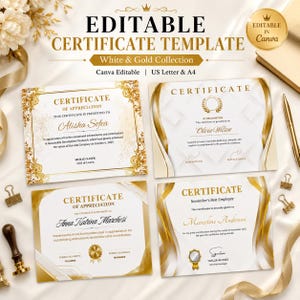 Può includere: Quattro modelli di certificati modificabili in una combinazione di colori bianco e oro. I documenti presentano bordi eleganti, tipografia formale e segnaposti per nomi e date. Il testo include 'EDITABLE CERTIFICATE TEMPLATE' e 'White & Gold Collection'.