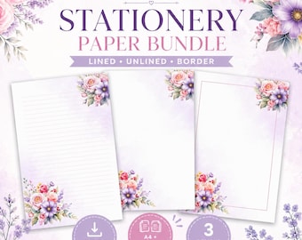 Juego de papelería imprimible con motivos florales, papel de carta con diseño de acuarela (descarga digital)
