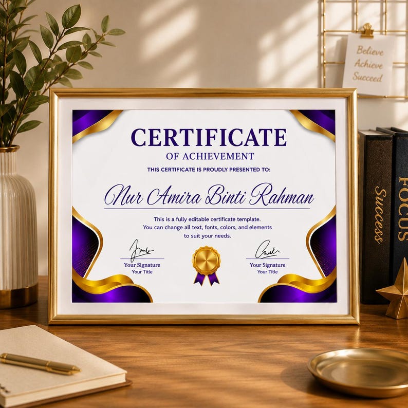 Peut inclure: Un mod&egrave;le de certificat de r&eacute;ussite dans un cadre dor&eacute; avec des bordures ondul&eacute;es violettes et dor&eacute;es. Le texte indique Certificate of Achievement, This certificate is proudly presented to: Nur Amira Binti Rahman, avec des emplacements pour signatures et un sceau dor&eacute;.