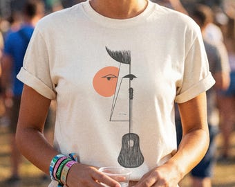 Comfort Colors®-shirt met abstracte lijntekeningen | Minimalistisch T-shirt met gitaar | T-shirt bohomuzikant | Cadeau kunstliefhebber