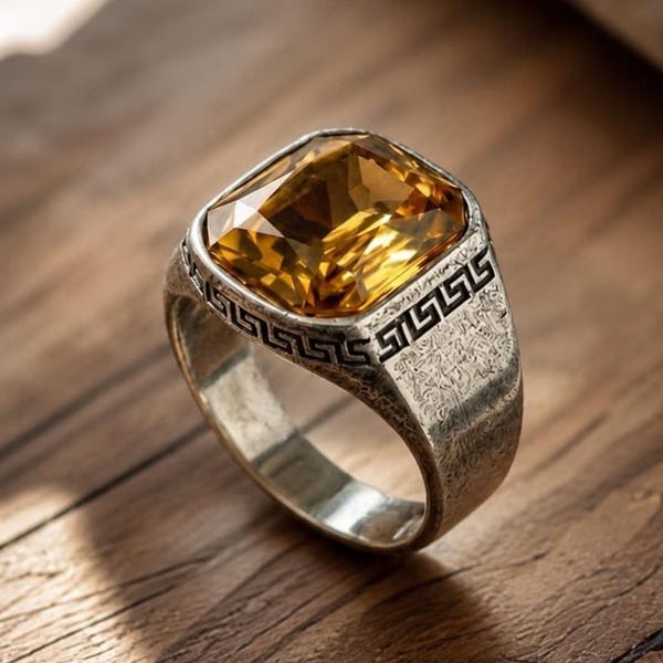 Sterling Silver Citrine Signet Ring, Cushion Cut Yellow Gemstone Ring, Greek Key Engraved Ring, Statement Ring Christmas Gift
