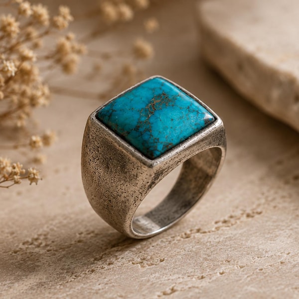 Turquoise Signet Ring for Men, Sterling Silver Turquoise Ring, Square Blue Stone Ring, Vintage Style Jewelry Christmas Gift
