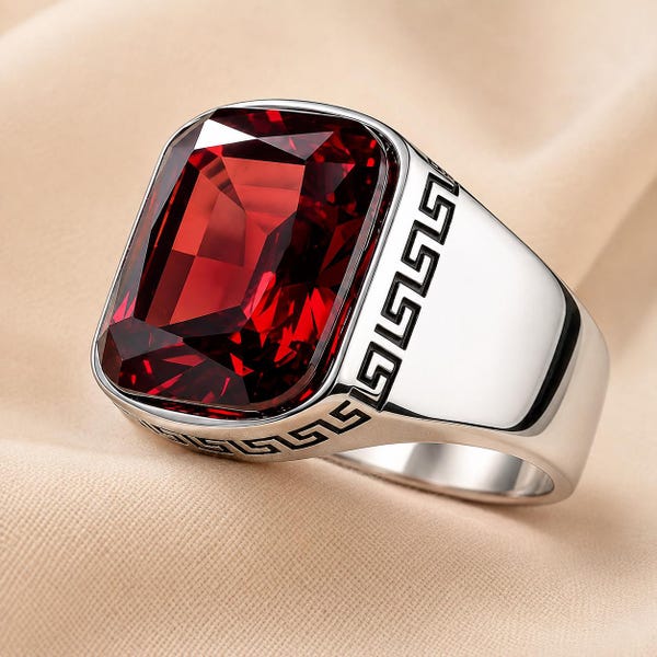 Garnet Signet Sterling Silver Ring Red Gemstone Ring Handmade Statement Ring Gothic Ring Gift for Her Anniversary Birthday Christmas Gift