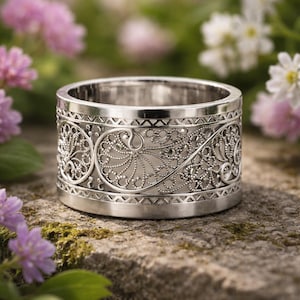 Handgefertigter Silberring mit filigranem Muster – Vintage-Blumenmuster | Elegantes, minimalistisches Schmuckstück – Geschenk für Damen und Herren